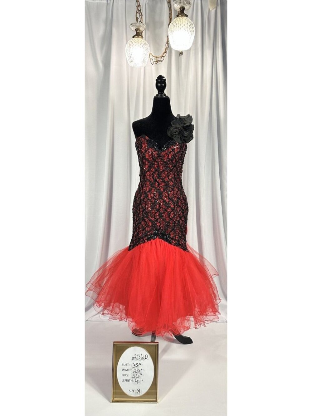 Victor Costa Red & Black Lace Mermaid Gown Dramatic One Shoulder Rose Flamenco